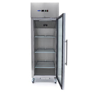 Réfrigérateur en acier inoxydable Maxima de 600 L avec porte en verre et 3 étagères réglables, intérieur visible.