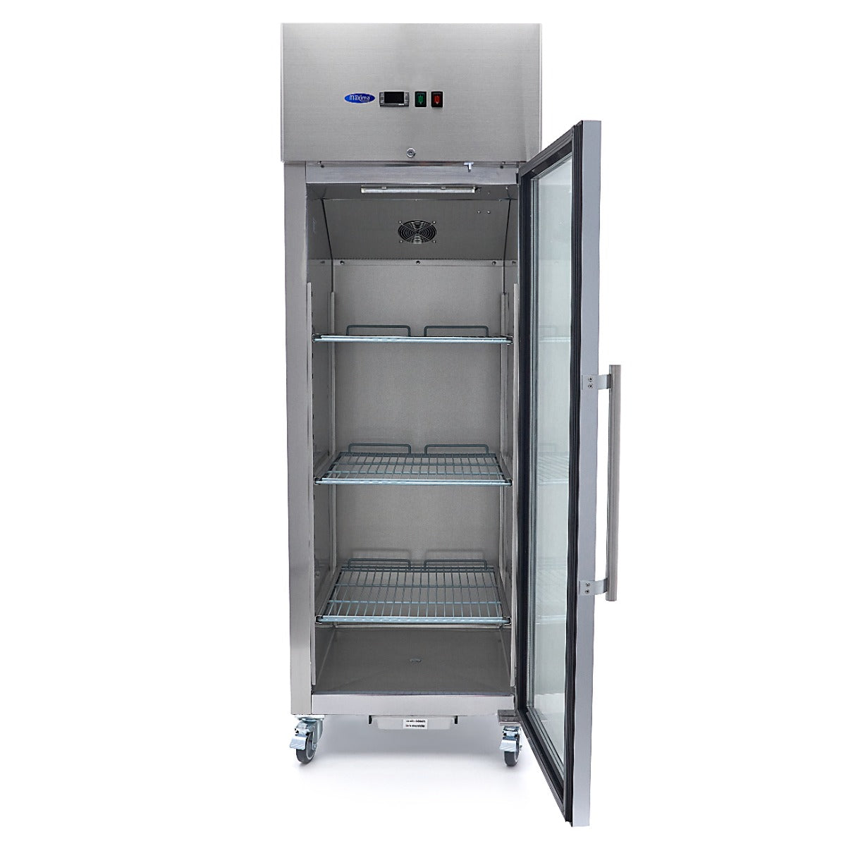 Réfrigérateur en acier inoxydable Maxima de 600 L avec porte en verre et 3 étagères réglables, intérieur visible.