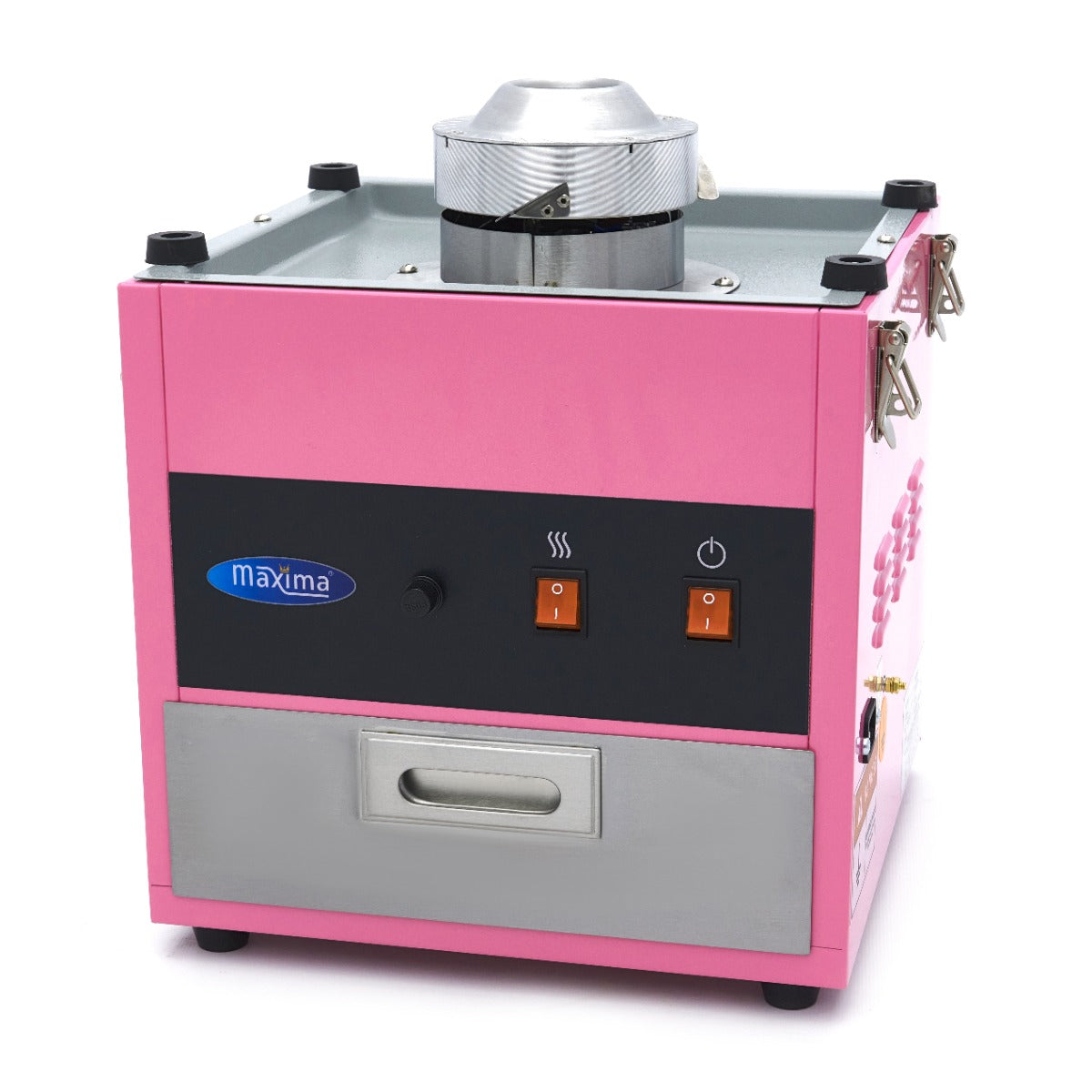 Machine à barbe à papa Maxima rose, diamètre 52cm, avec un bol en acier pour créer des confiseries sucrées et colorées.