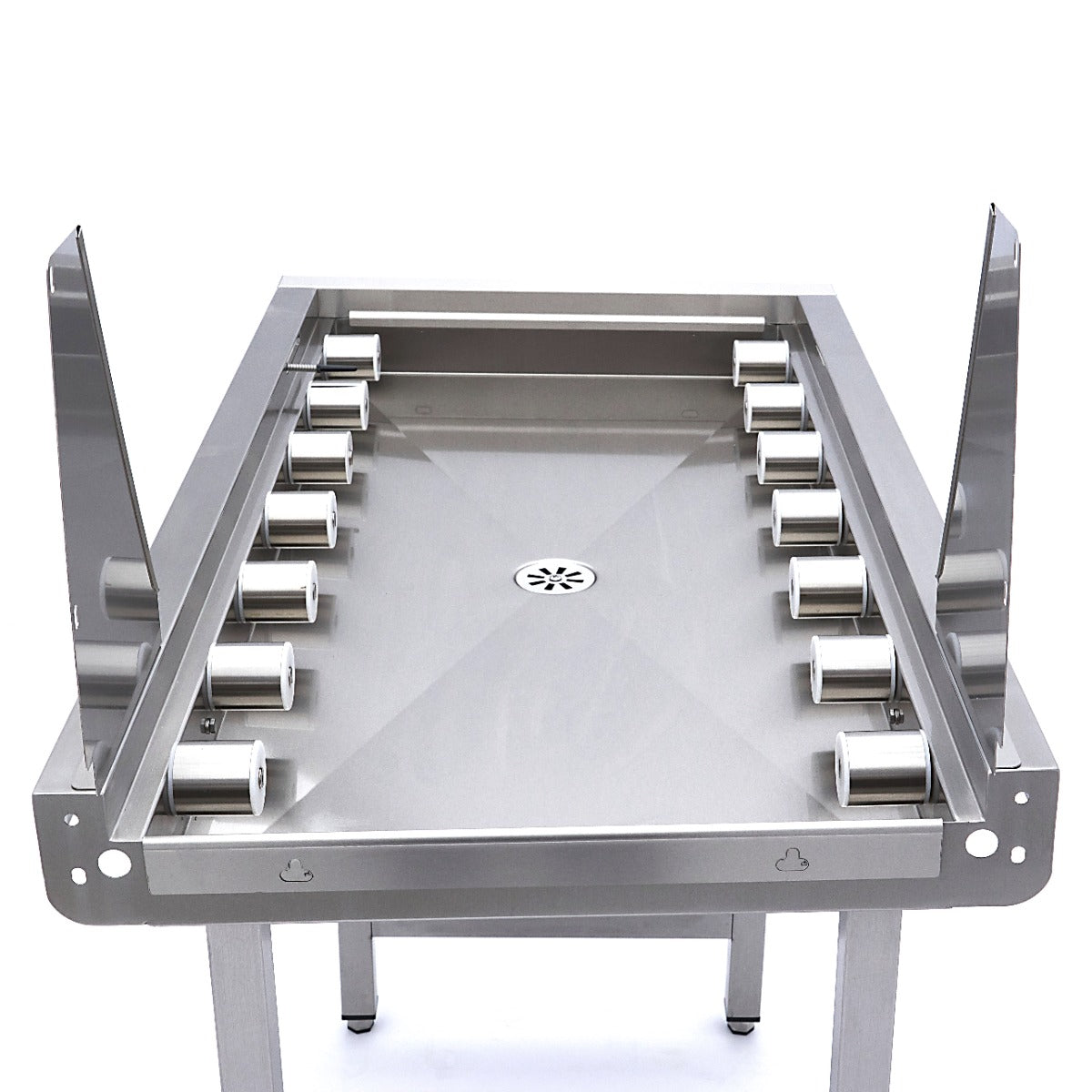 Table à rouleaux droits en acier inoxydable pour lave-vaisselle Maxima, conçue pour convoyeur à paniers, robuste et durable.