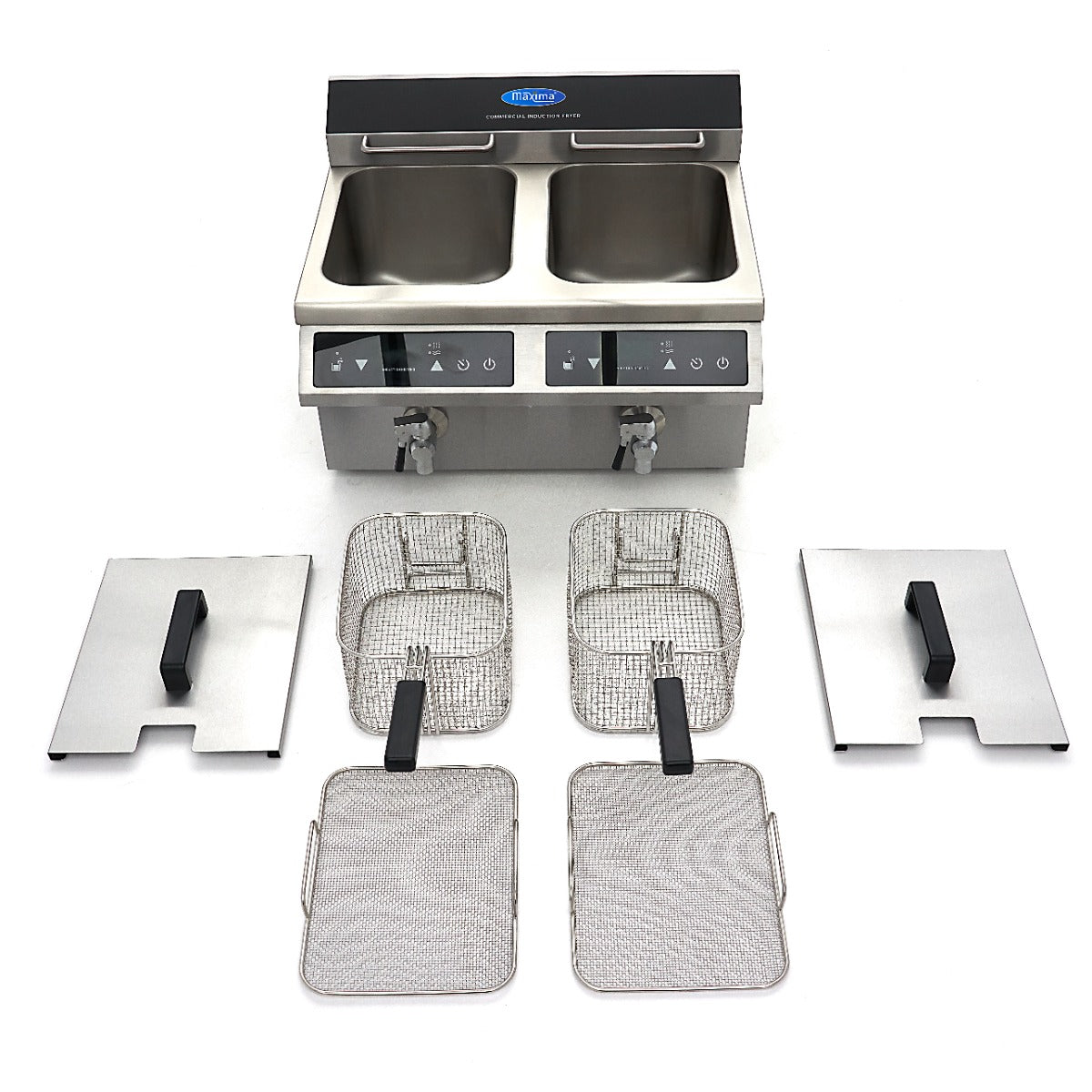 Friteuse à induction Maxima, 2 x 8 L, avec 2 paniers et robinet de vidange, appareil de cuisson pour friture domestique