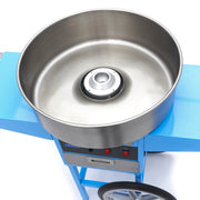 Machine à barbe à papa Maxima, modèle SP-1007, diamètre 52cm, bleue, avec chariot pour préparer des friandises sucrées.