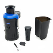 Extracteur de jus Maxima avec presse-agrumes à 2 vitesses et verre de hauteur 19 cm, en plastique blanc.