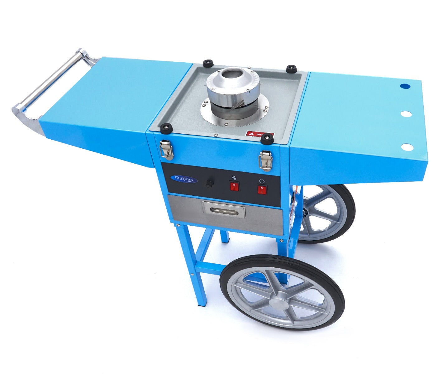 Machine à barbe à papa Maxima, modèle SP-1008, diamètre 52cm, en bleu, avec chariot pour la préparation de barbe à papa.