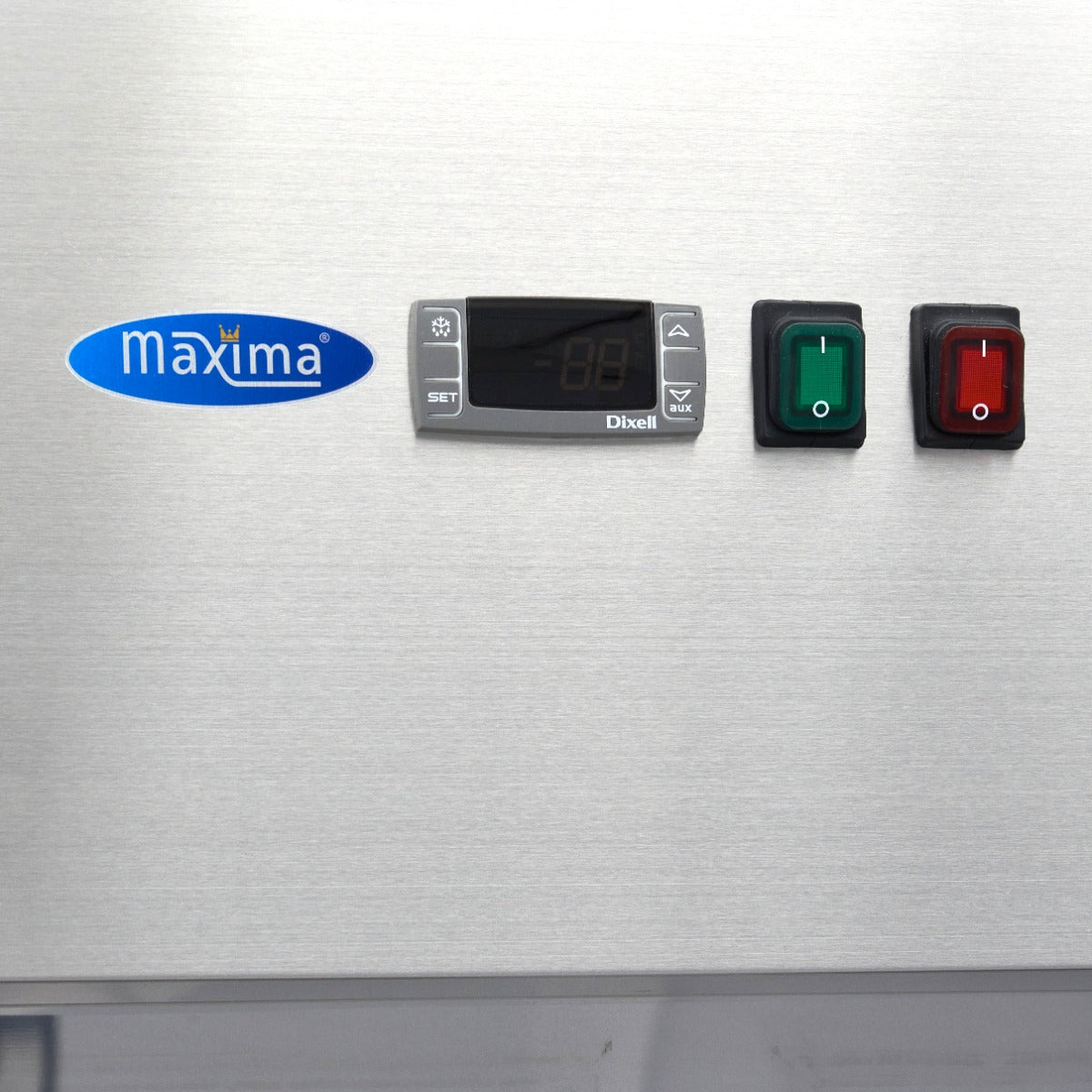Réfrigérateur 2 portes Maxima en acier inoxydable avec porte en verre et 6 étagères réglables, capacité de 1200 L.