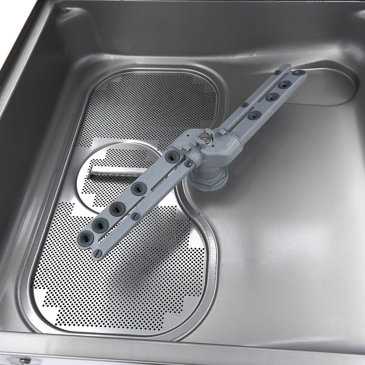Lave-vaisselle professionnel à capot Maxima 50x50cm avec pompes de vidange, rinçage et savon, 400V, image montrant le panneau de contrôle.