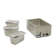 Bain-marie électrique Maxima avec robinet et ensemble de 3 bacs 1/3 GN, surface en acier inoxydable, idéal pour la cuisine professionnelle.