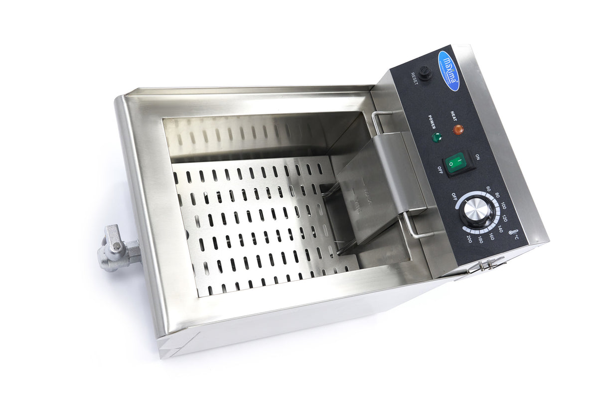 Friteuse Maxima de 13 L avec un panier et robinet de vidange, idéale pour la cuisson de grandes quantités d'aliments frits.