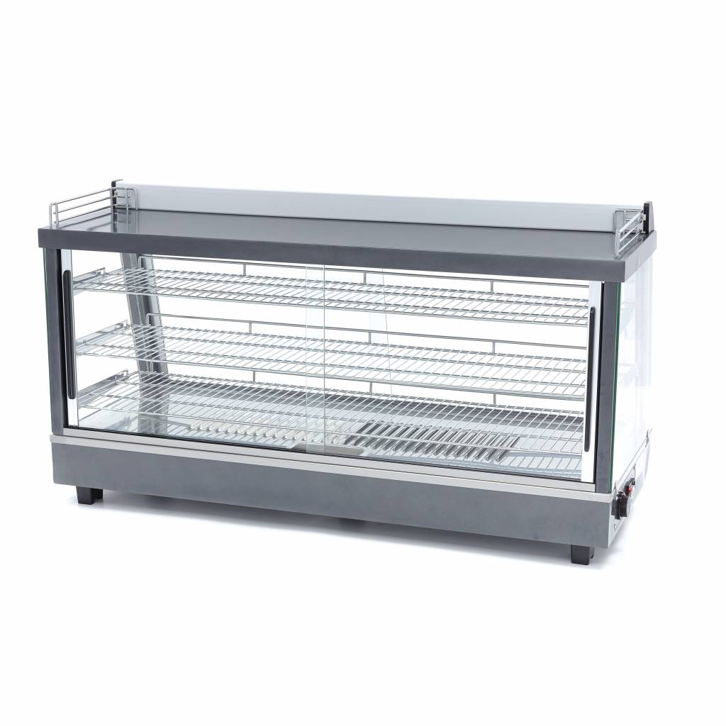 Vitrine chauffante Maxima de 186 L avec 3 étagères, longueur 121,5 cm, en verre pour la présentation de produits chauds.