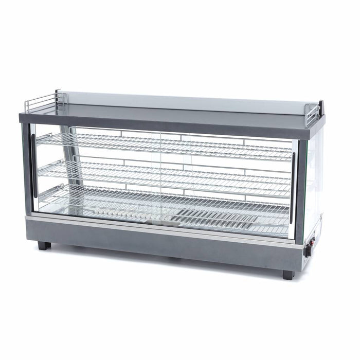 Vitrine chauffante Maxima de 186 L avec 3 étagères, longueur 121,5 cm, en verre pour la présentation de produits chauds.