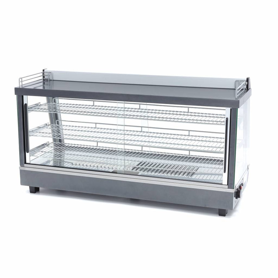 Vitrine chauffante Maxima de 186 L avec 3 étagères, longueur 121,5 cm, en verre pour la présentation de produits chauds.