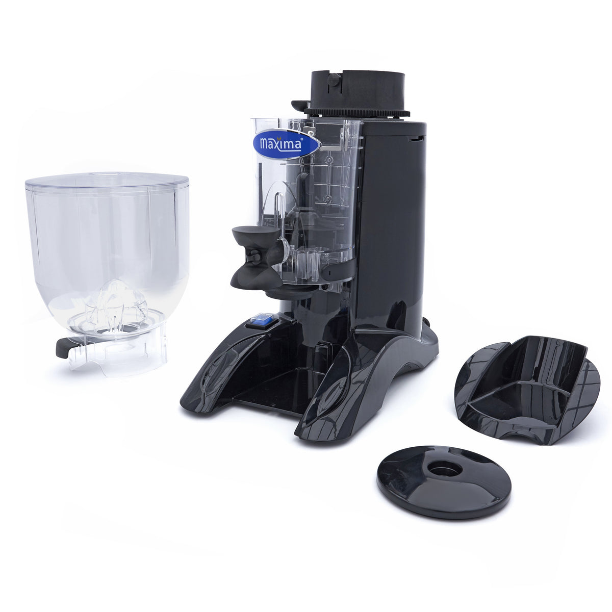 Moulin à café Maxima pour grains de 2 kg avec doseur, visible avec ses composants en acier et mécanisme de broyage.