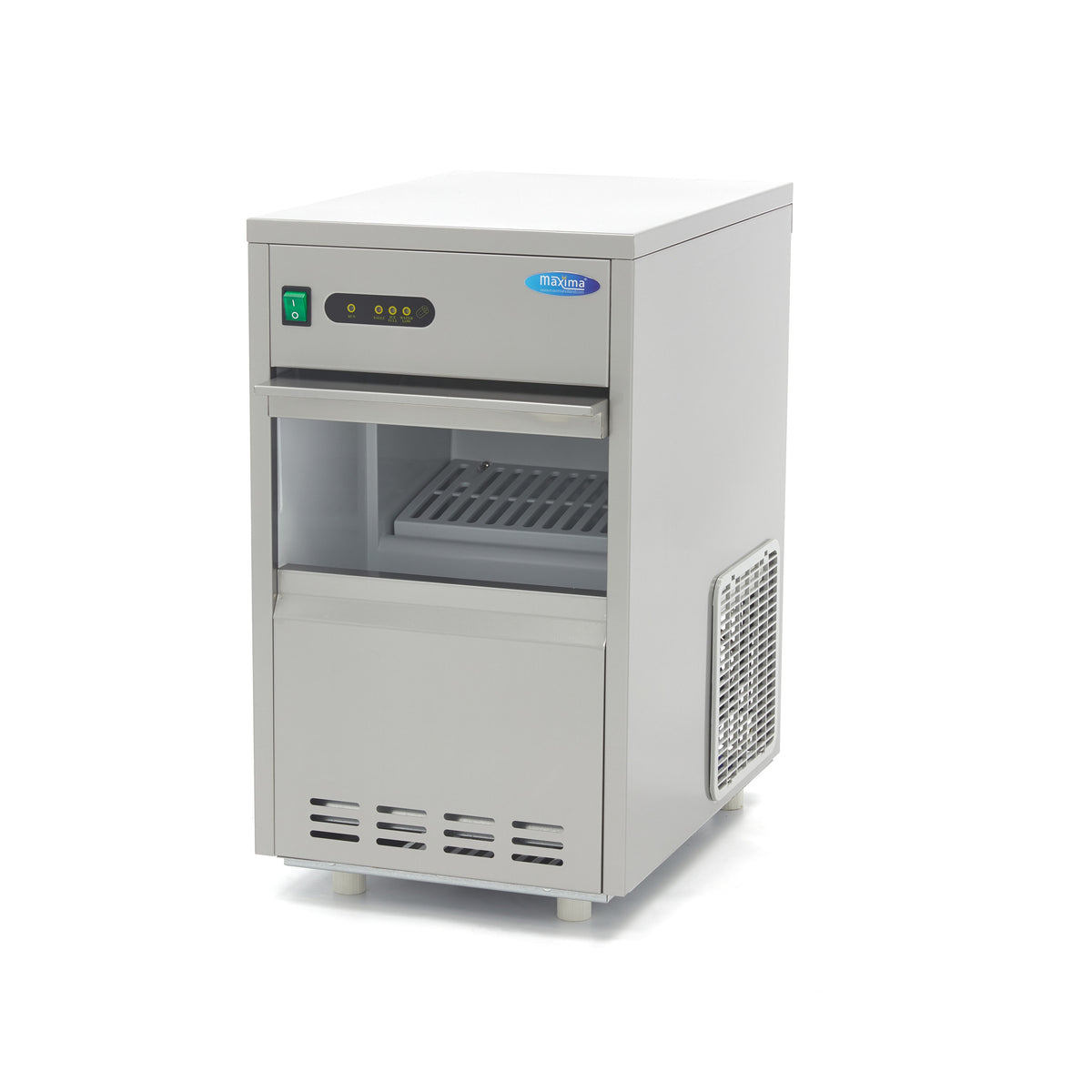 Machine à glaçons Maxima, capacité 24 kg/jour, glaçons creux pour refroidissement par eau, appareil compact et robuste.