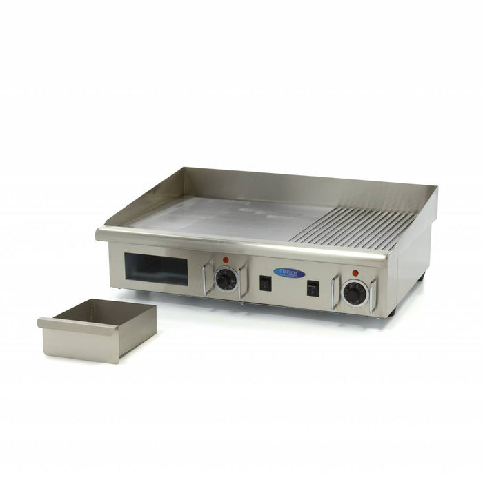 Plaque de gril demi-rainurée Maxima, plancha professionnelle 73 cm avec plateau d'égouttement, 400V, idéale pour cuisson efficace.