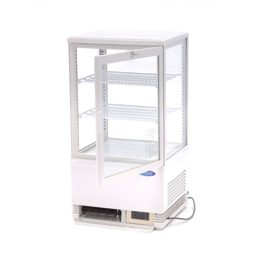 Vitrine réfrigérée blanche Maxima de 58 L, mini display avec porte en verre, idéale pour présenter des produits frais.