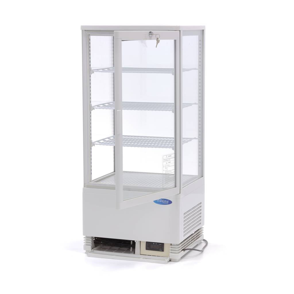 Vitrine réfrigérée mini Maxima de 78 L, en blanc, avec porte vitrée, idéale pour présenter des produits frais ou alimentaires.
