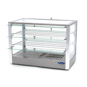 Vitrine chauffante Maxima de 115 L avec 3 étagères, dimensions 70 cm, en verre pour présentation de produits alimentaires.
