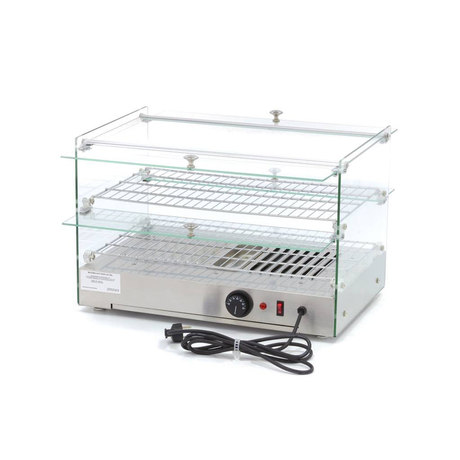 Vitrine chauffante Maxima de 50 L, 55 cm de large avec 2 étagères pour présentation de produits chauds.