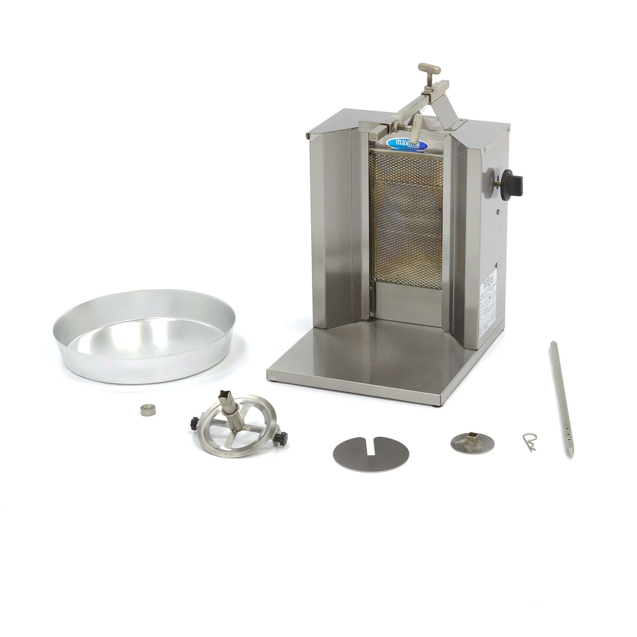 Grille à kebab Maxima avec 1 brûleur, capacité pour 10 kg de viande, idéale pour doner kebab et shawarma, fonctionnant au gaz.