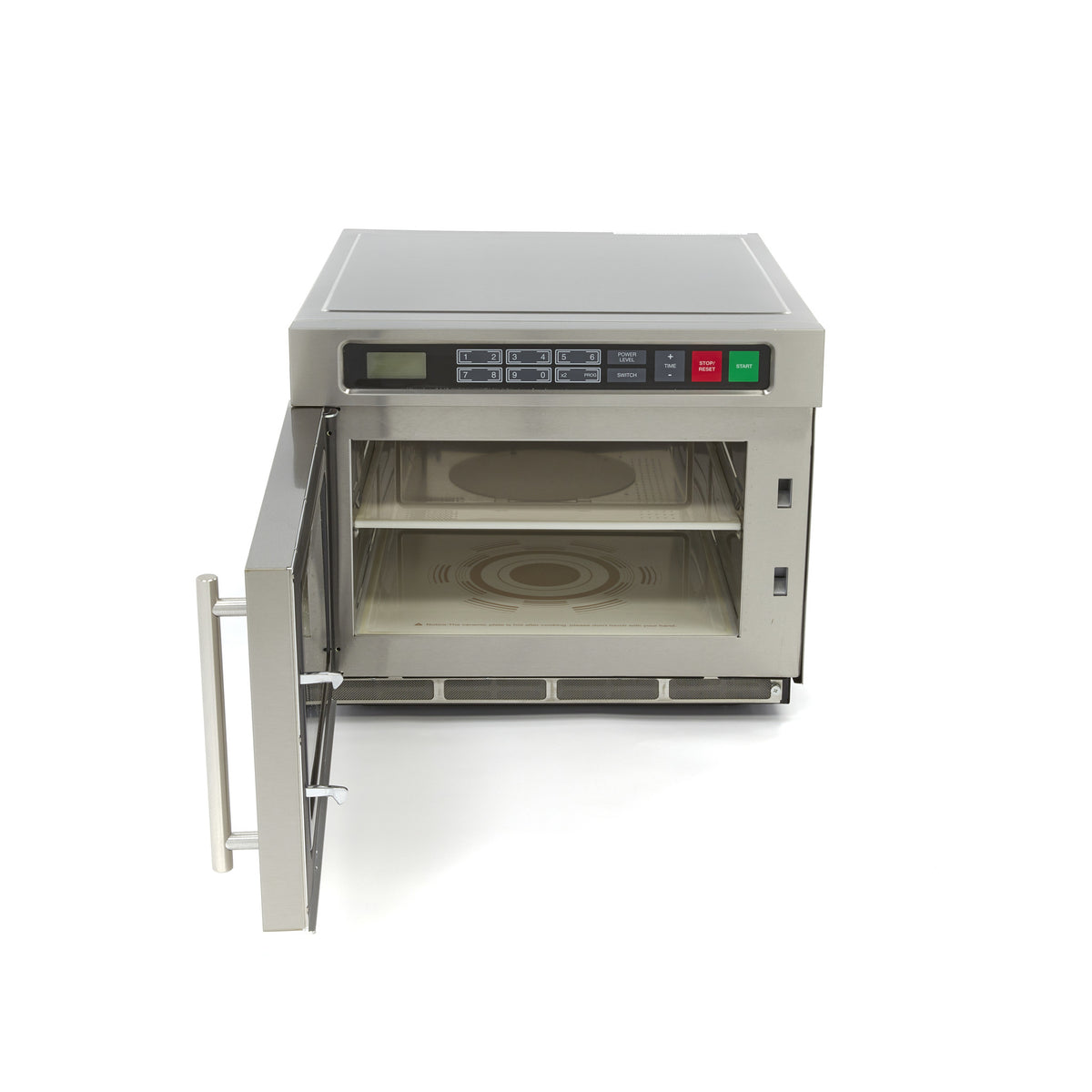 Micro-ondes professionnel Maxima 1800W avec 20 programmes, espace pour assiettes jusqu’à Ø36 cm et 2 tablettes.