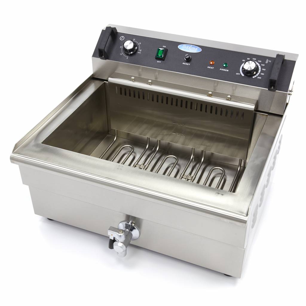 Friteuse Maxima de 30 L avec un panier et robinet de vidange, en acier inoxydable, pour la cuisson de grandes quantités.