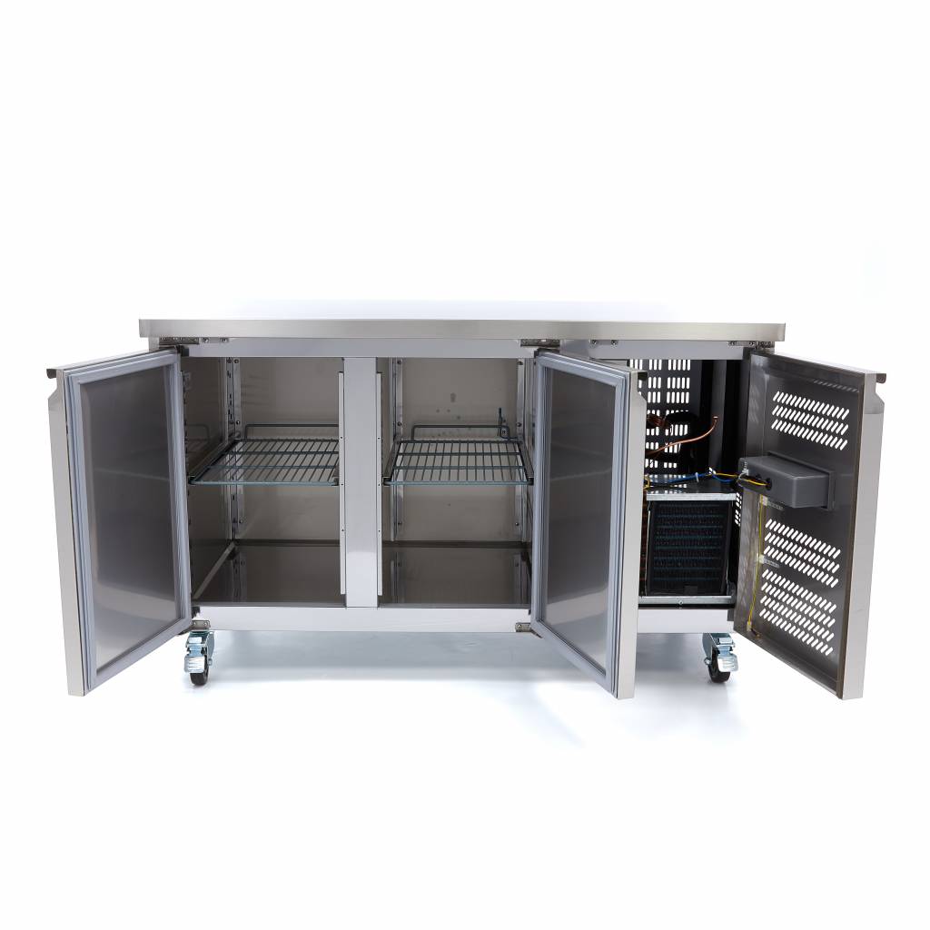 Réfrigérateur de comptoir Maxima 2 portes, 136 cm de hauteur, avec portes en verre et espace de stockage intérieur visible.
