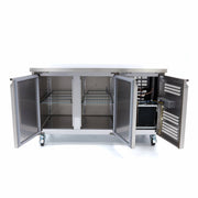 Réfrigérateur de comptoir Maxima 2 portes, 136 cm de hauteur, avec portes en verre et espace de stockage intérieur visible.