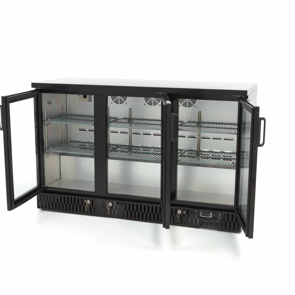 Réfrigérateur à boissons Maxima 3 portes avec 6 étagères réglables, intérieur visible, pour refroidir boissons efficacement.