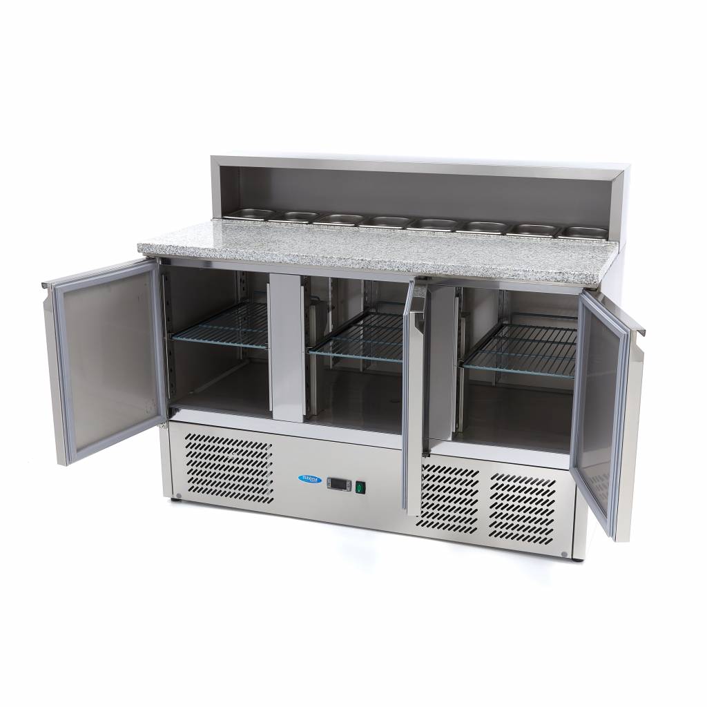 Réfrigérateur pour la préparation des pizzas - 137 cm - 3 portes - s'adapte à 8 x 1/6 GN - incl couvercle en acier inoxydable