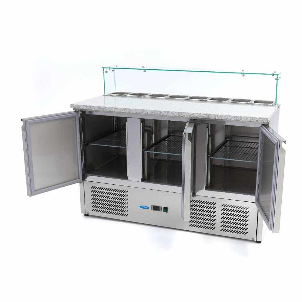 Réfrigérateur pour la préparation des pizzas - 137 cm - 3 portes - s'adapte à 8 x 1/6 GN - incl couvercle en verre