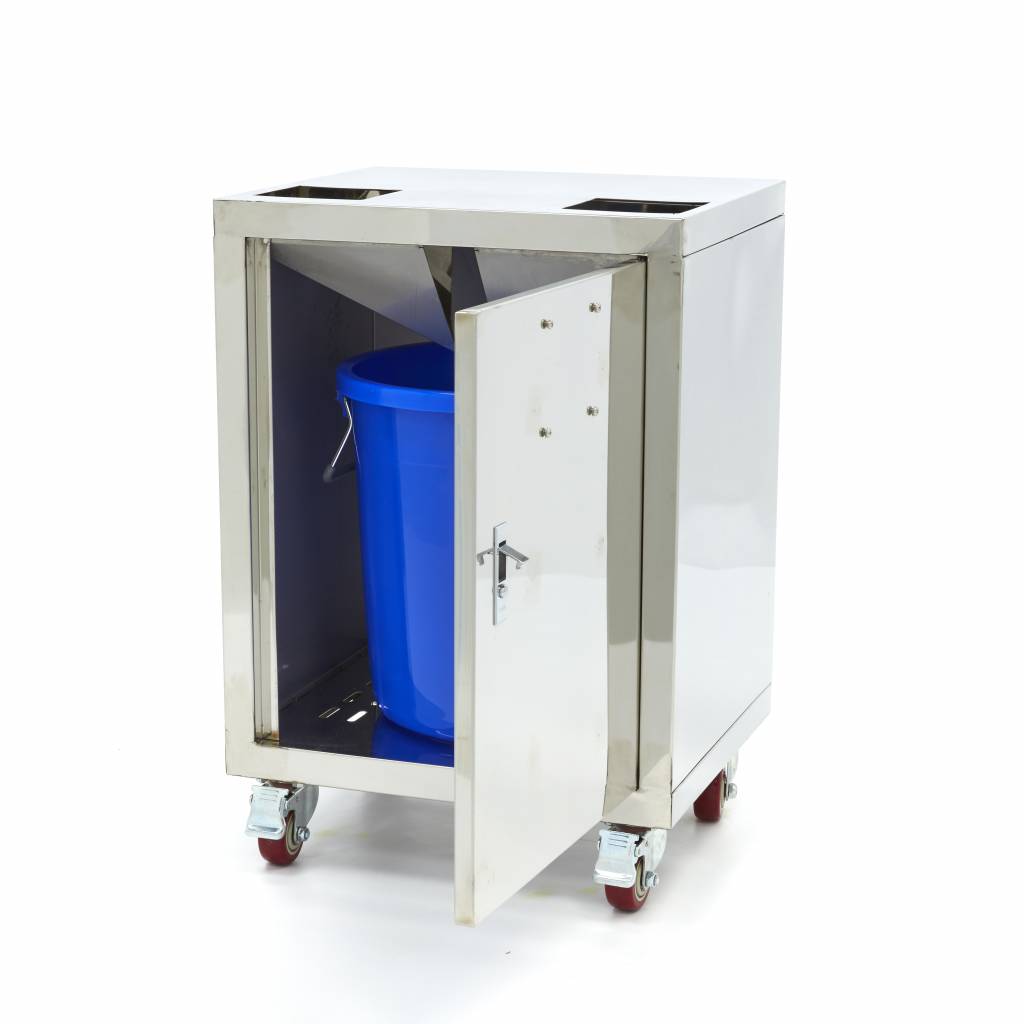 Chariot compact pour presse-agrumes orange MAXIMA avec seau à déchets sur roues, facilitant le nettoyage et le transport.
