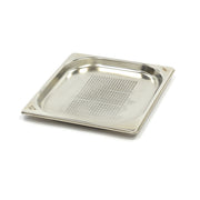 Récipient gastronorm 1/2 GN en acier inoxydable perforé, profondeur 2 cm, pour cuisson ou stockage alimentaire.