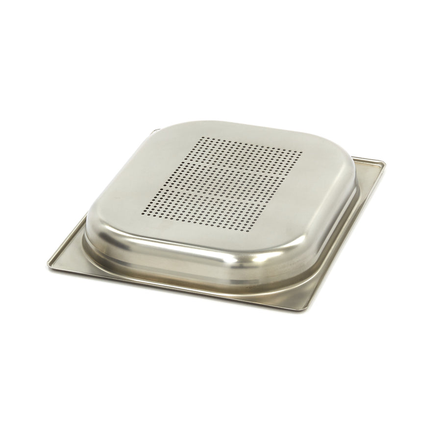 Récipient gastronorm 1/2 GN en acier inoxydable perforé, profondeur 4 cm, pour cuisson et stockage professionnel.
