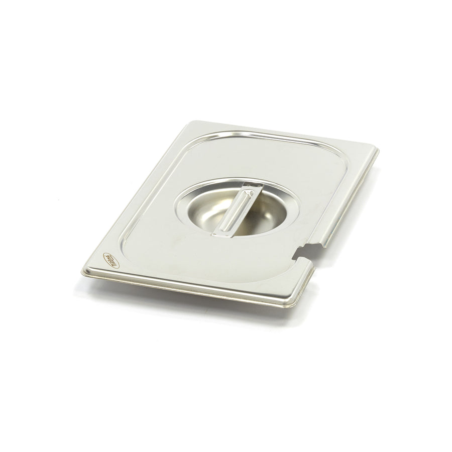 Couvercle gastronorm 1/4 GN en acier inoxydable avec ouverture pour cuillère, adapté aux bacs gastronormes Maxima.