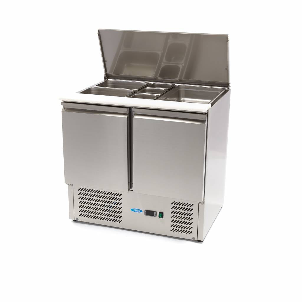 Saladette Maxima de 257 L, modèle de 90 cm avec deux portes, réfrigération compacte pour préparation de salades.
