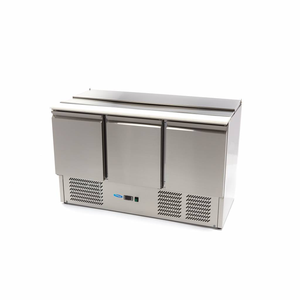 Saladette Maxima de 400L, 137 cm avec 3 portes et planche à découper, idéale pour la préparation de salades professionnelles.