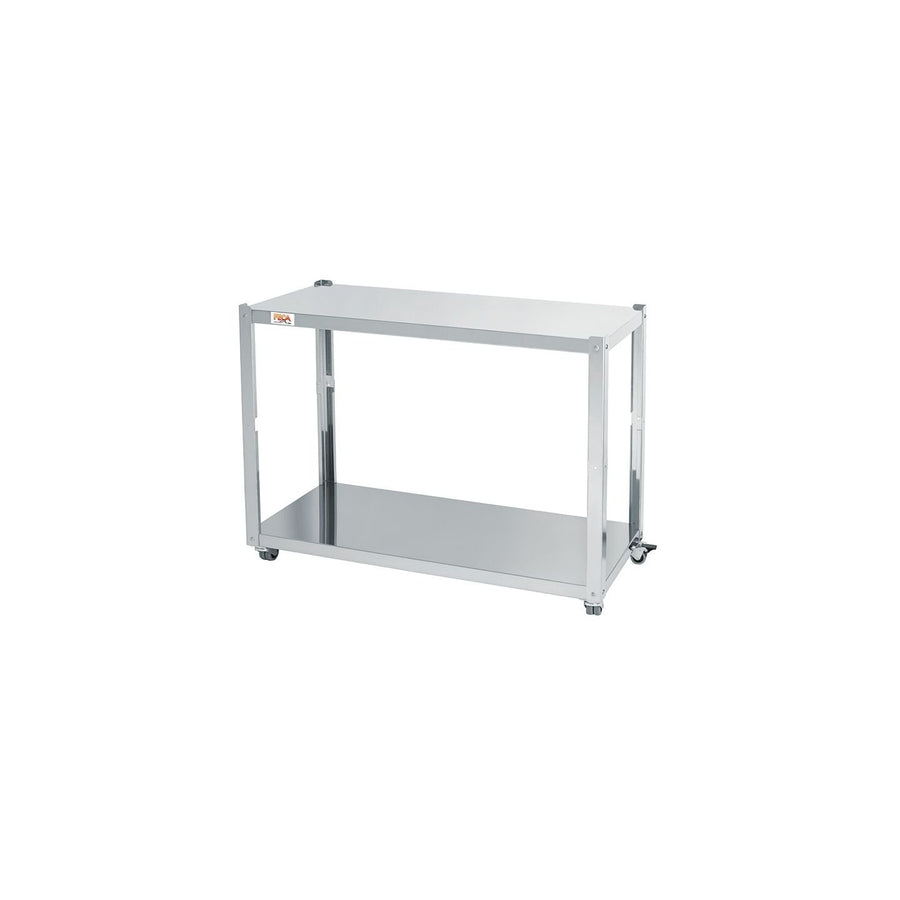 Table roulante avec étagère intermédiaire pour rôtissoires FECA M-1 et M-2, support pratique pour cuisson et stockage.