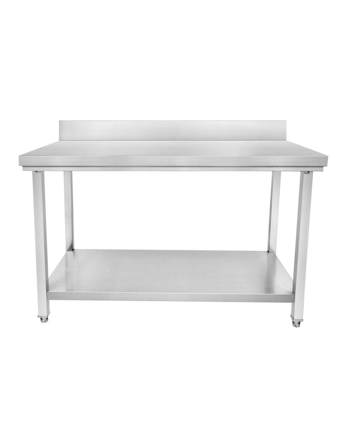 Table en inox neutre Cuistance, dimensions L 1400 mm, P 600 mm, H 950 mm, surface en acier inoxydable.