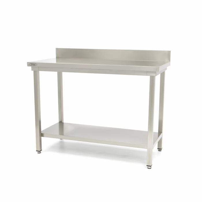 Table en acier inoxydable - 1200 x 600 mm - hauteur réglable - avec dosseret et étagère de rangement