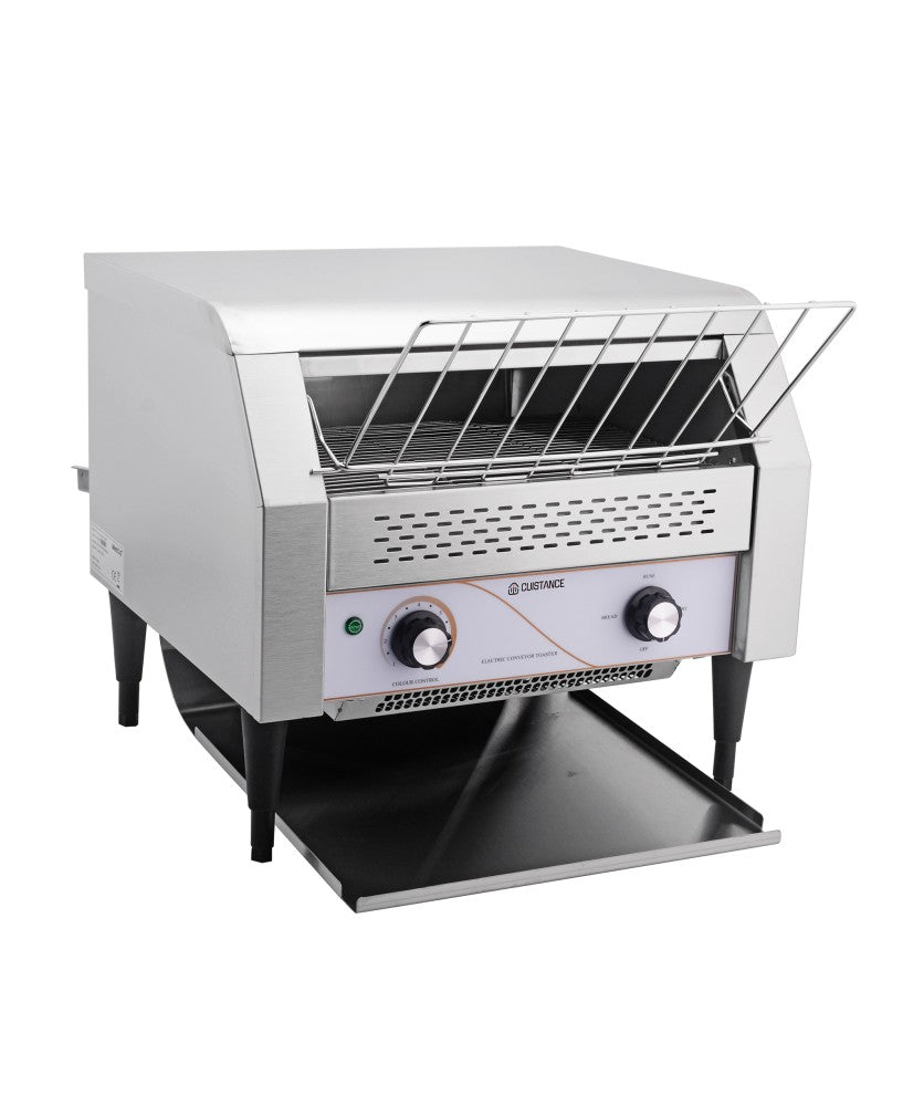 Grille-pain convoyeur Cuistance pour snacking, dimensions L470 x P420 x H430 mm, vue de face avec mécanisme de convoyage.