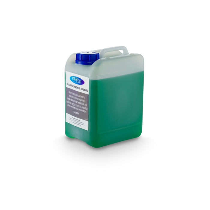 Rinçage liquide Ultra Shine Maxima pour lave-vaisselle, flacon de 5L, transparent avec étiquette bleue et blanc.